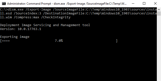dism.exe /Export-Image /SourceImageFile:C:TempWindows10_1903sourcesinstall.esd /SourceIndex:3 /DestinationImageFile:C:TempWindows10_1903sourcesinstall.wim /Compress:max /CheckIntegrity